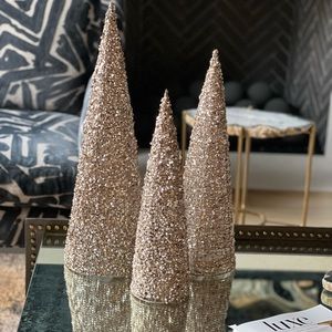 K&K Interiors Champagne Sequins & Bead Embellished LED Cone Trees. Set of 3.